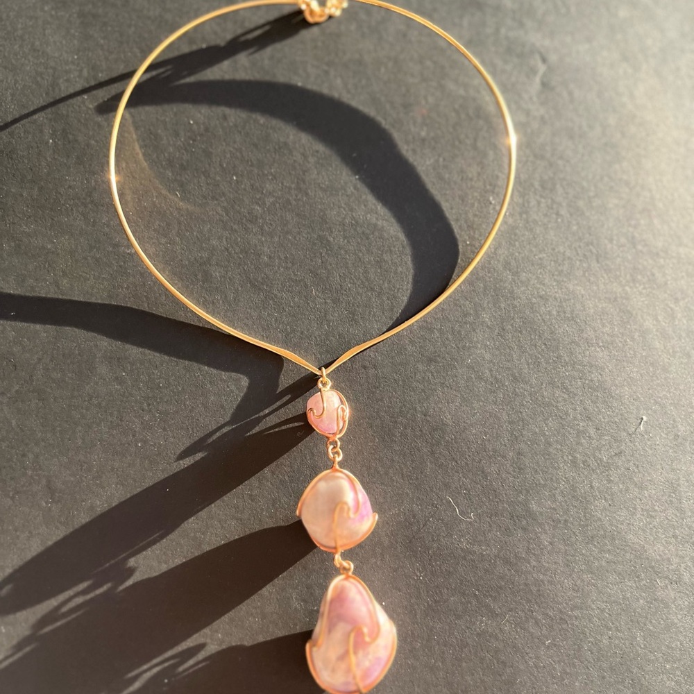 Gold and Pink stone Cascade Necklace with Teardrop Pendants